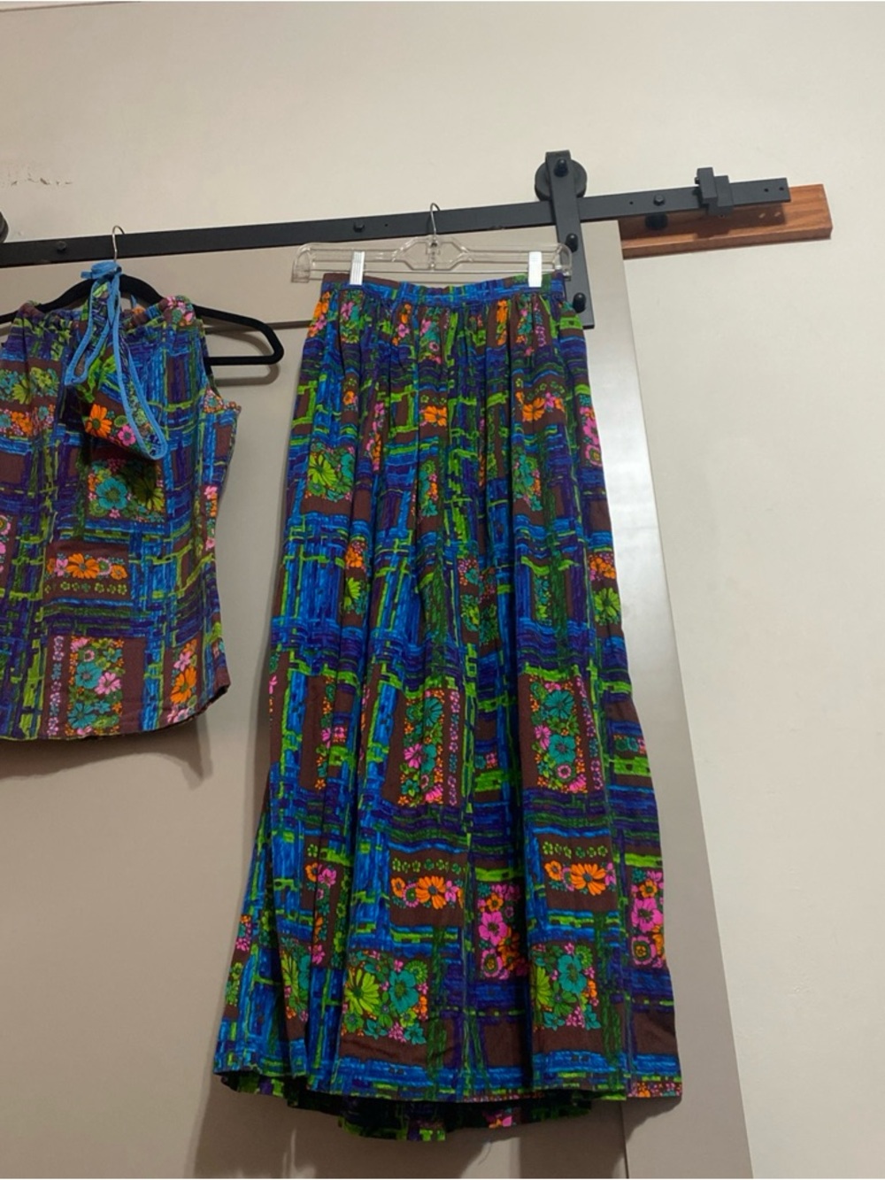 Vintage 60’s Vibrant Floral Patchwork Maxi Skirt W Sleeveless Shirt and Bandana
